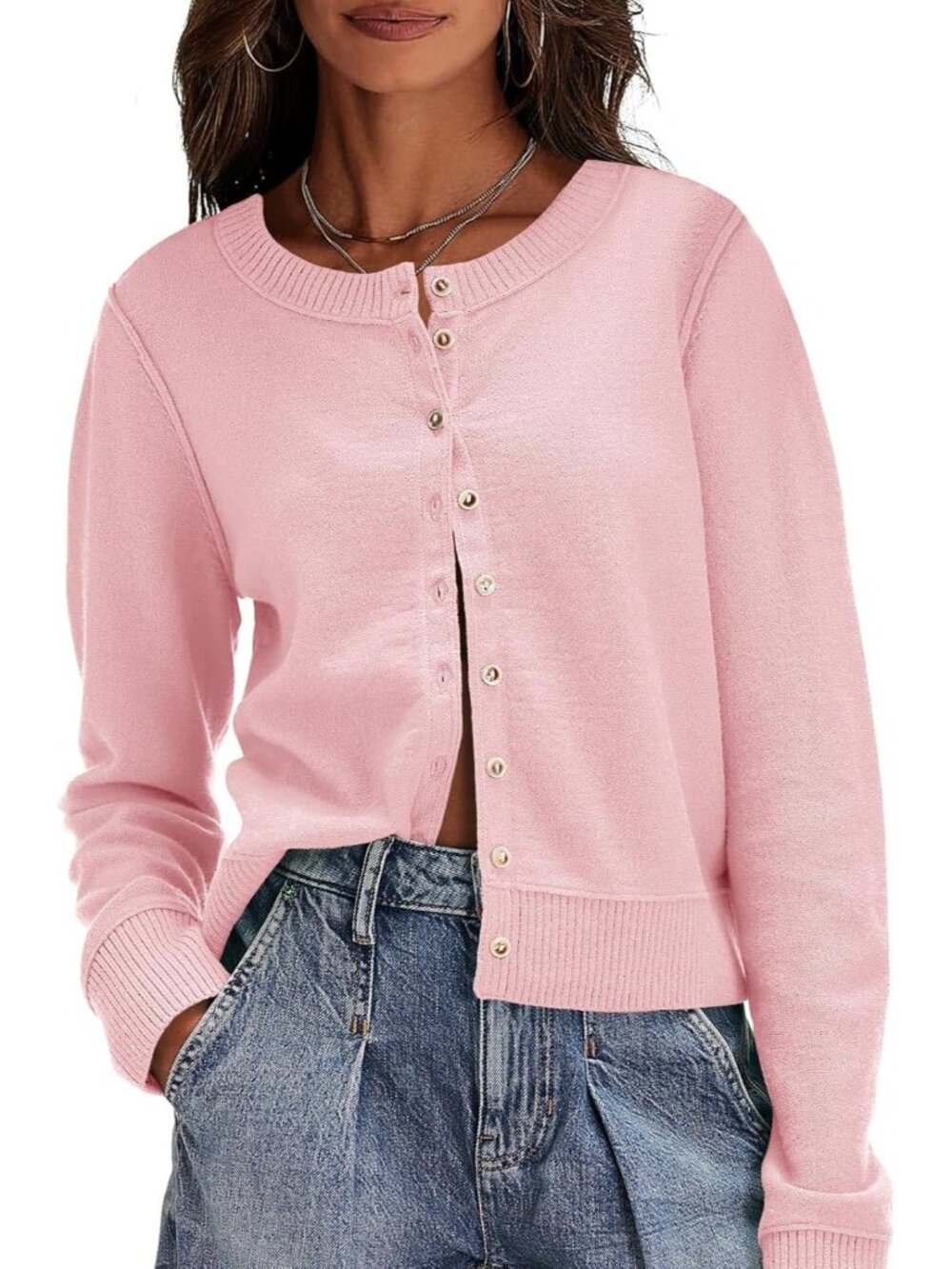 Women's Pink Long Sleeve Crew Neck Imported Button Down Cardigan Sweaters